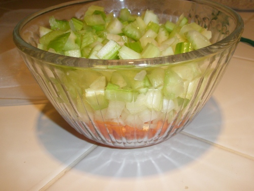 Chop celery and onions. Peel and chop carrots. You'll want about 3 cups worth of the 3 combined. I chop the carrots really small, so they are not easily dismissed and pushed aside--I am determined to get them to eat their veggies!