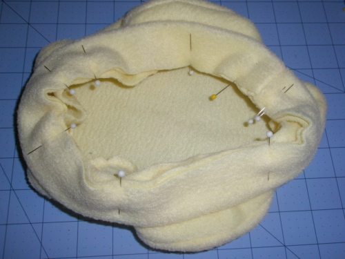 Pin and sew brim to hat, right sides together